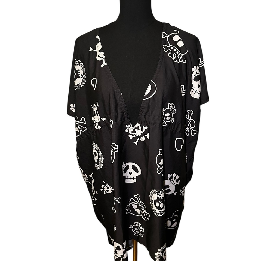 Black Y2K Skull Print Swim Coverup Wrap One Size Fits Most